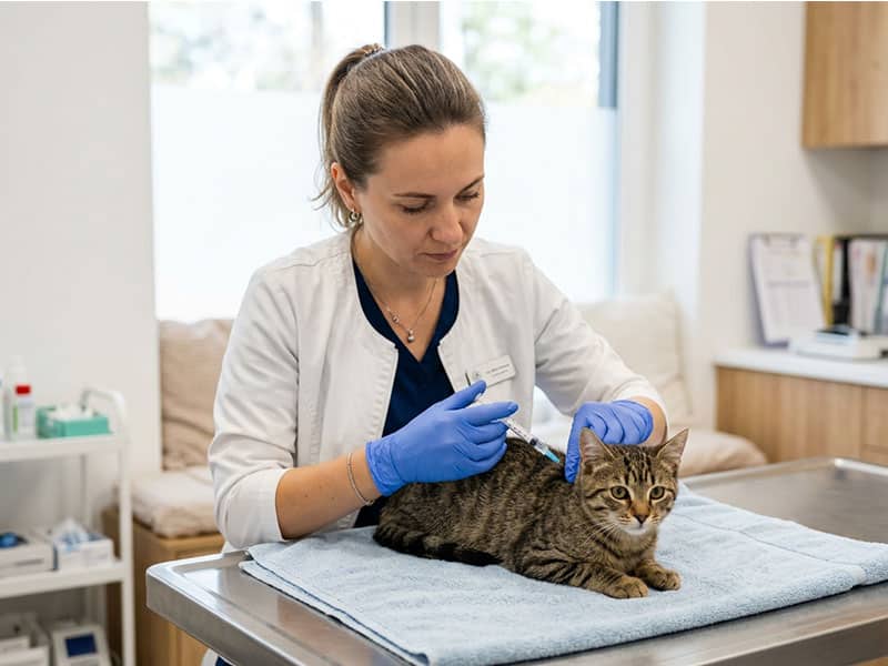 Paciente veterinário recebendo a vacina.